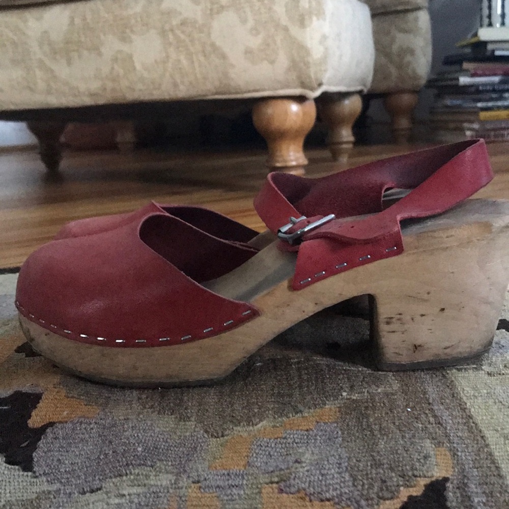 Vintage Red Leather Wooden Clogs Handmade Sz. 40